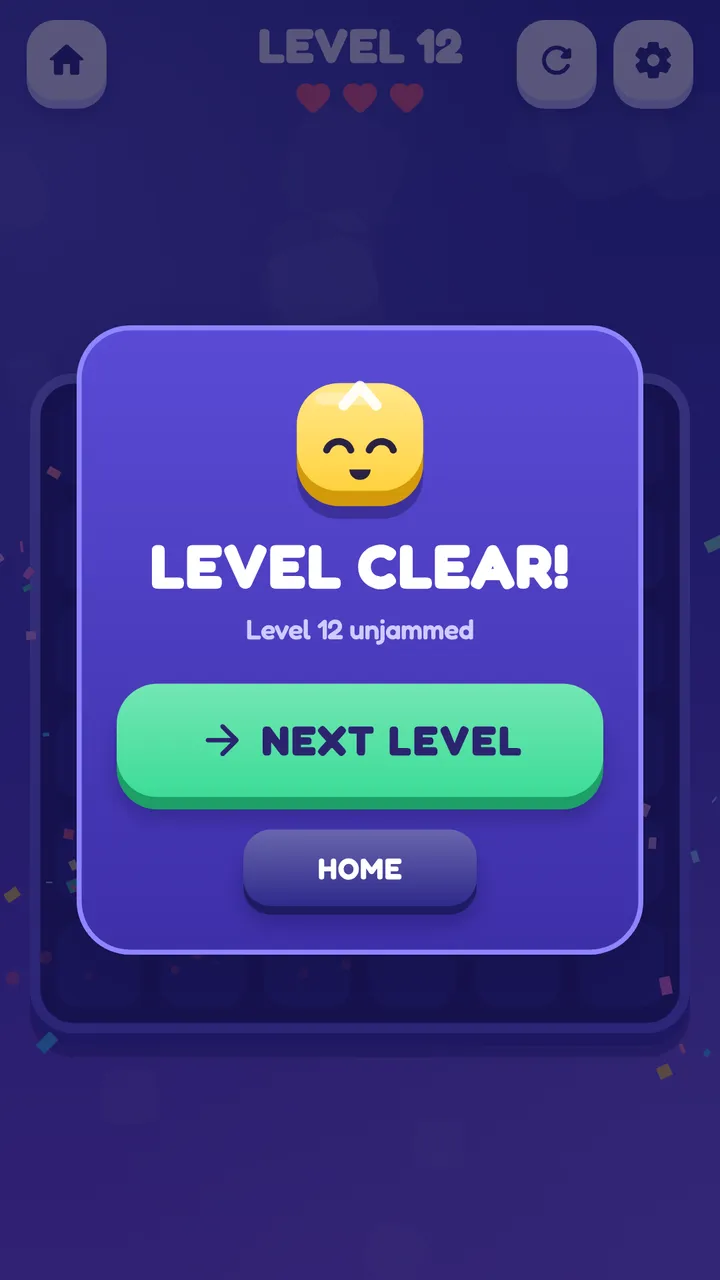 Level clear dialog with confetti