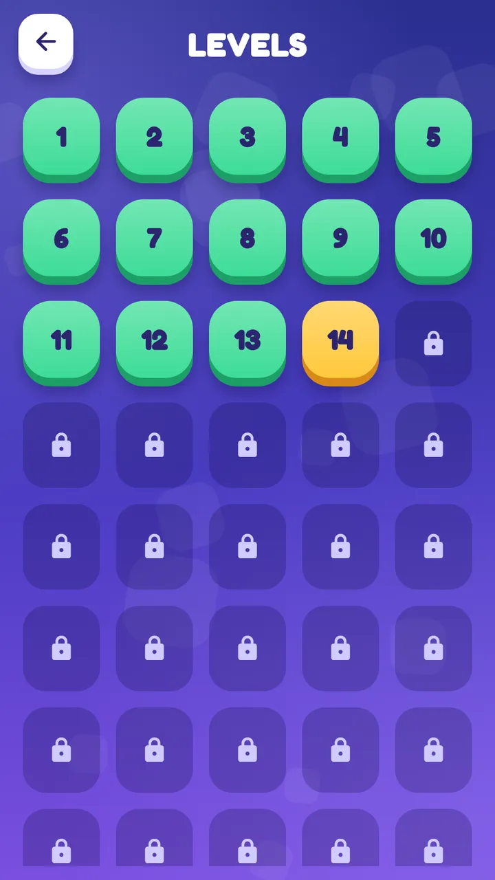 Level select screen showing completed, current and locked levels
