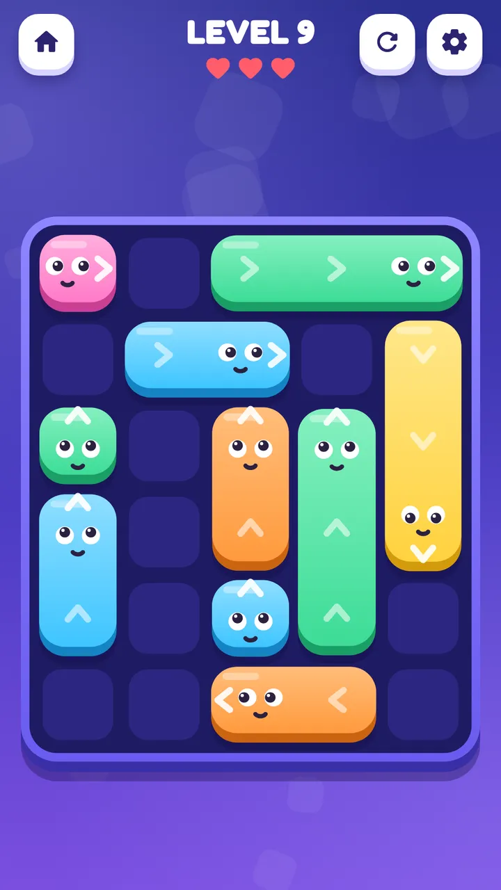 A level 9 board: Jammers of different lengths, each with arrows showing its direction